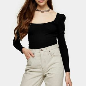 Topshop Cotton Lycra Square Neck Puff Sleeve Top